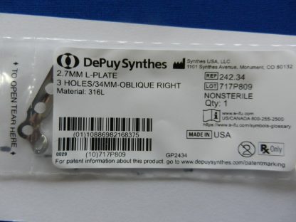 NEW Depuy Synthes 2.7mm L-Plate 3 Holes/34mm Oblique Right 242.34 - Image 3