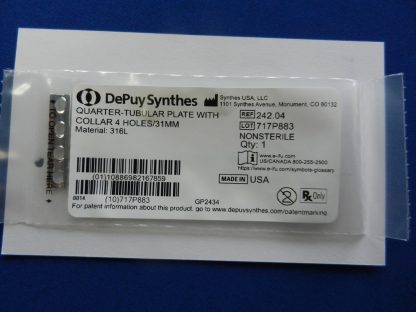 NEW Depuy Synthes Quarter Tubular Plate with Collar 4 Holes/31mm 242.04 - Image 3