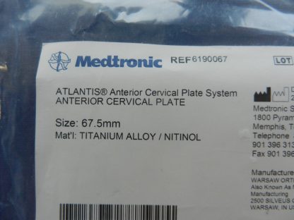 NEW Medtronic 6190067 Atlantis Anterior Cervical Plate 67.5mm - Image 2