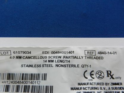 Zimmer 4840-14-01 Cancellous Partially Threaded Screw 4.0mm x 14mm - Image 3
