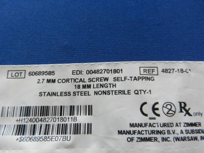 Zimmer 4827-18-01 Self Tapping Cortical Screw 2.7mm x 18mm - Image 2