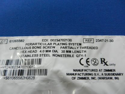 Zimmer 2347-21-30 Periarticular Partially Threaded Hex Head Cancellous Bone Screw 4.0mm x 30mm - Image 2