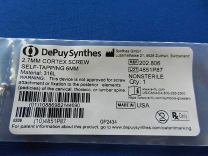 Depuy Synthes 202.806 Self Tapping Cortex Screw 2.7mm x 6.0mm - Image 2