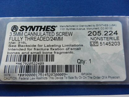 Synthes 205.224 Fully Threaded Cannulated Screw 3.5mm x 24mm - Image 2