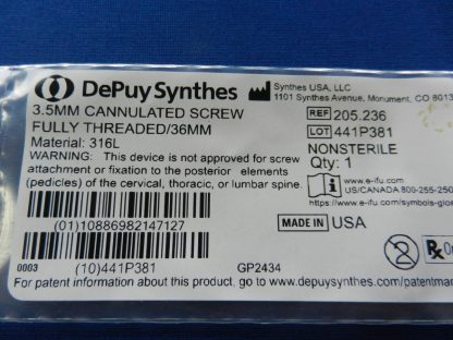 Depuy Synthes 205.236 Fully Threaded Cannulated Screw 3.5mm x 36mm - Image 2