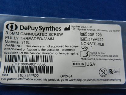 Depuy Synthes 205.228 Fully Threaded Cannulated Screw 3.5mm x 28mm - Image 2