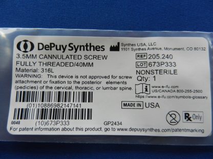 Depuy Synthes 205.240 Fully Threaded Cannulated Screw 3.5mm x 40mm - Image 2