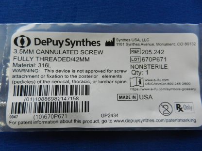 Depuy Synthes 205.242 Fully Threaded Cannulated Screw 3.5mm x 42mm - Image 2