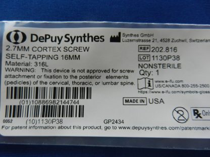 Depuy Synthes 202.816 Self Tapping Cortex Screw 2.7mm x 16mm - Image 2