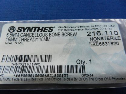 Synthes 216.110 Cancellous Bone Screw 6.5mm x 16mm Thread/110mm - Image 2