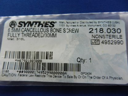 Synthes 218.030 Fully Threaded Cancellous Bone Screw 6.5mm x 30mm - Image 2