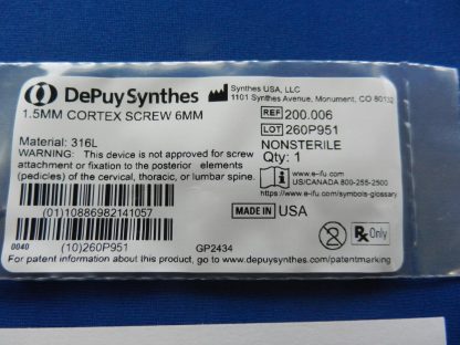 Depuy Synthes 200.006 Cortex Screw 1.5mm x 6mm - Image 2