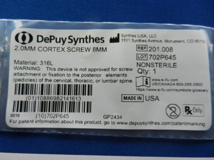 Depuy Synthes 201.008 Cortex Screw 2.0mm x 8mm - Image 2
