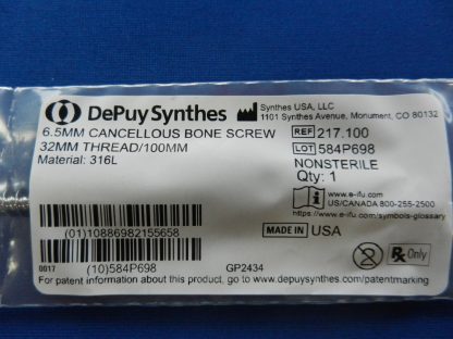 Depuy Synthes 217.100 Cancellous Bone Screw 6.5mm x 32mm Thread/100mm - Image 2