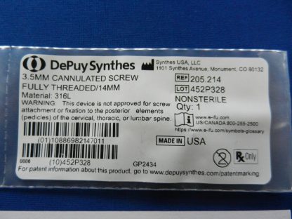 Depuy Synthes 205.214 Fully Threaded Cannulated Screw 3.5mm x 14mm - Image 2