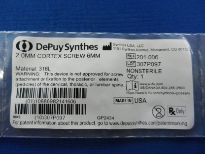 Depuy Synthes 201.006 Cortex Screw 2.0mm x 6mm - Image 2