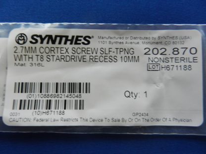 Synthes 202.870 Self Tapping Cortex Screw with T8 Stardrive Recess 2.7mm x 10mm - Image 2