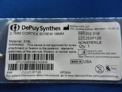 Depuy Synthes 202.018 Cortex Screw 2.7mm x 18mm - Image 2