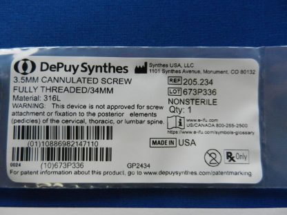 Depuy Synthes 205.234 Fully Threaded Cannulated Screw 3.5mm x 34mm - Image 2