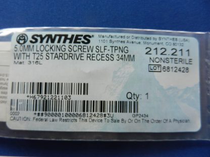 Synthes 212.211 Self Tapping Locking Screw with T25 Stardrive Recess 5.0mm x 34mm - Image 2