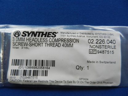 Synthes 02.226.040 Headless Compression Screw Short Thread 3.0mm x 40mm - Image 2