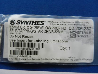 Synthes 02.206.232 Cortex Screw/Low Profile HD Self Tapping/Star Drive 3.5mm x 32mm - Image 2