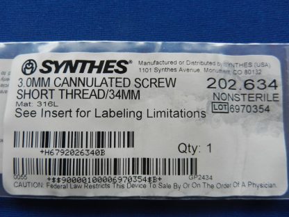 Synthes 202.634 Cannulated Screw Short Thread 3.0mm x 34mm - Image 4