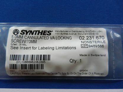 Synthes 02.231.670 Cannulated VA Locking Screw 5.0mm x 70mm - Image 3