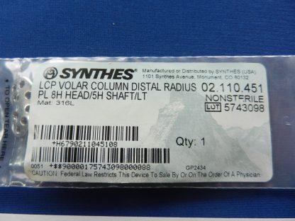 Synthes 02.110.451 LCP Volar Column Distal Radius Plate 8 Hole Head x 5 Hole Shaft - Image 2