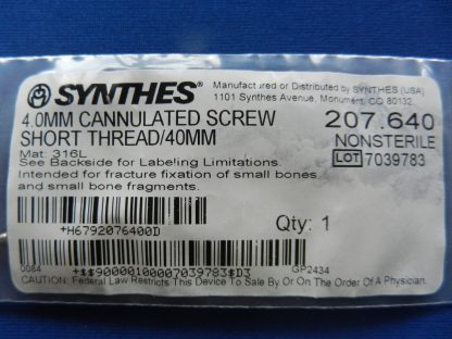 Synthes 207.640 Cannulated Screw Short Thread 4.0mm x 40mm - Image 2