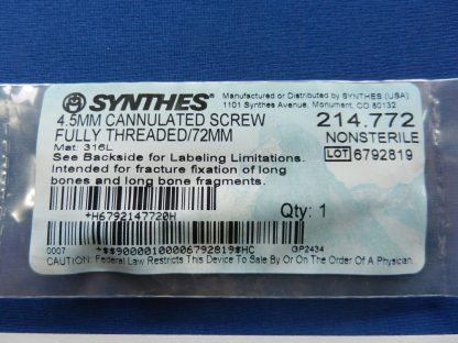Synthes 214.772 Cannulated Screw Fully Threaded 4.5mm x 72mm - Image 2