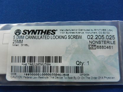 Synthes 02.205.025 Cannulated Locking Screw 5.0mm x 25mm - Image 2