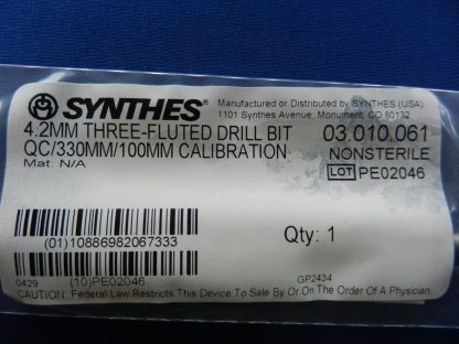 Synthes 03.010.061 Three Fluted 4.2mm Drill Bit QC/330mm/100mm Calibration - Image 2