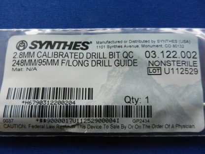 Synthes 03.122.002 Calibrated 2.8mm Drill Bit QC 248mm/95mm F/Long Drill Guide - Image 2