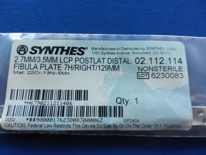 Synthes 02.112.114 LCP Postlat Distal Fibula Plate 2.7mm/3.5mm 7H/Right/129mm - Image 2