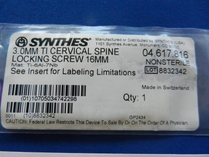 Synthes 04.617.816 TI 3.0mm Cervical Spine Locking Screw 16mm - Image 2