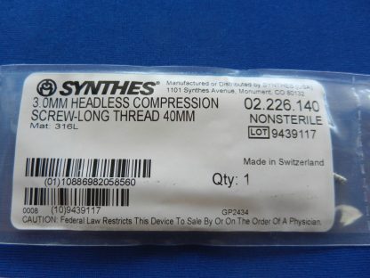 Synthes 02.226.140 Headless Compression Screw-Long Thread 3.0mm x 40mm - Image 2