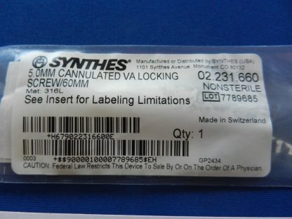 Synthes 02.231.660 Cannulated 5.0mm VA Locking Screw 60mm - Image 2