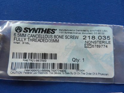 Synthes 218.035 Cancellous 6.5mm Bone Screw Fully Threaded 35mm - Image 2