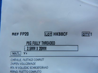 Depuy FP20 Fully Threaded Peg 2.5mm x 20mm - Image 2