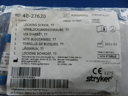 Stryker 40-27620 Locking Screw T7 2.7x20mm - Image 2