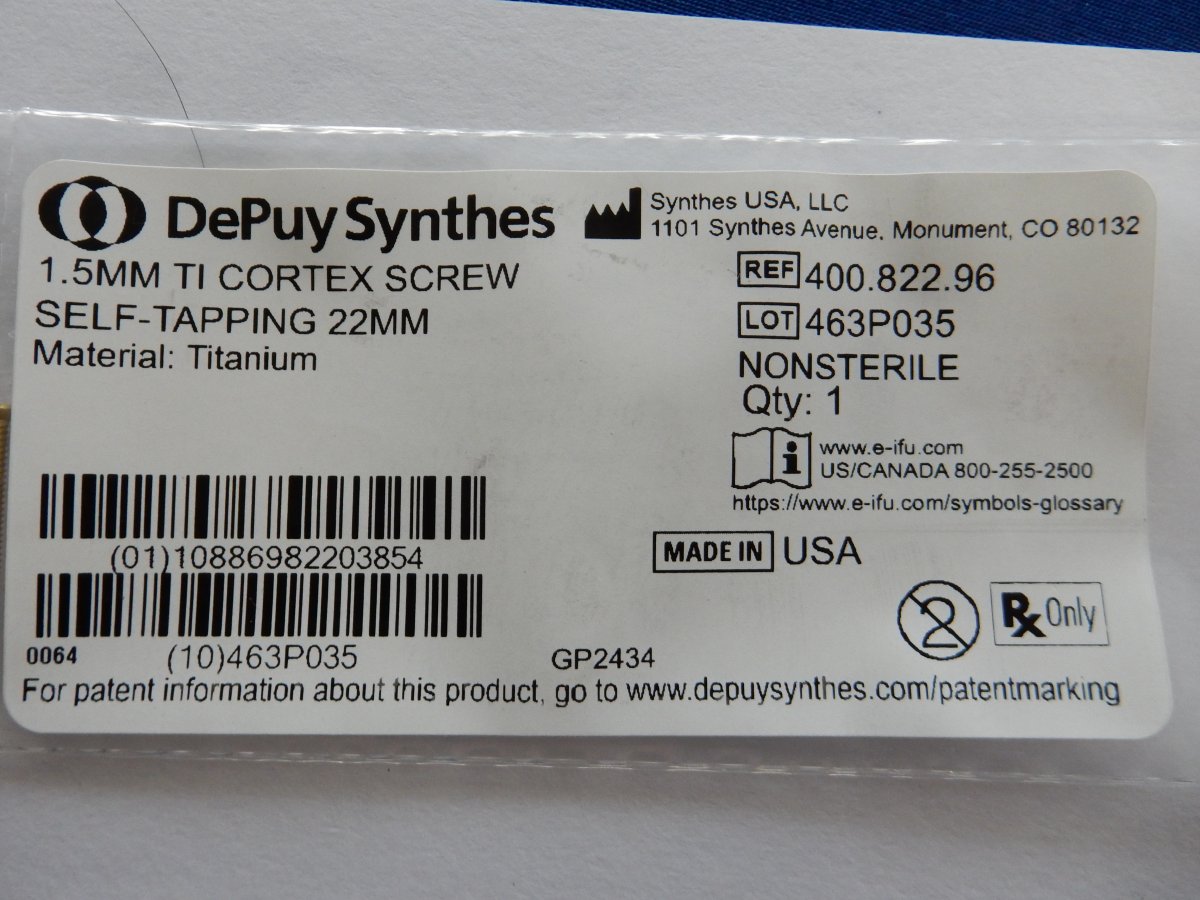 Synthes 400.822.96 1.5mm TI Cortex Screw Self-Tapping 22mm - Image 3