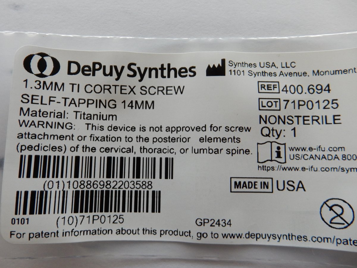 Synthes 400.694 1.3mm TI Cortex Screw Self-Tapping 14mm - Image 3