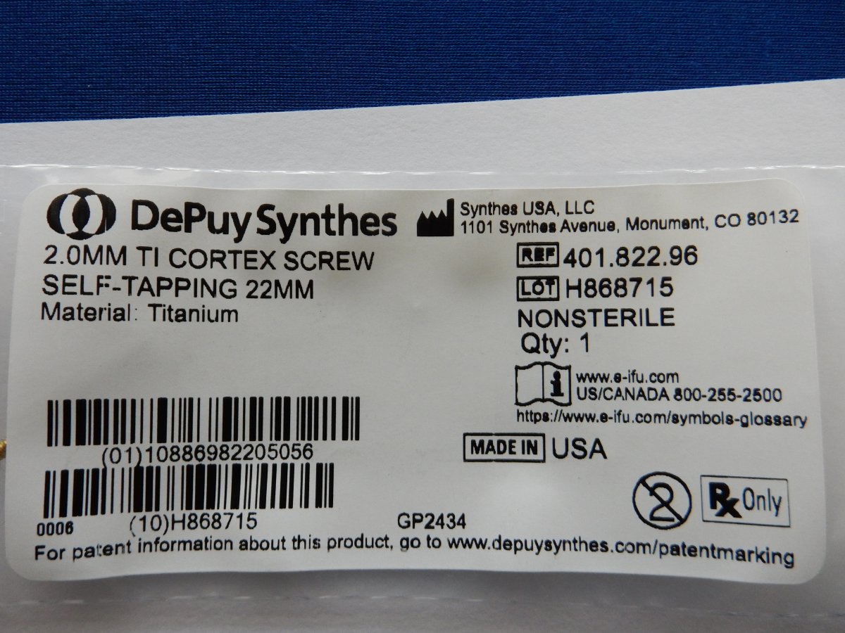 Synthes 401.822.96 2.0mm TI Cortex Screw Self-Tapping 22mm - Image 3