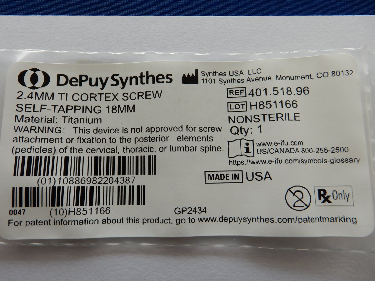 Synthes 401.518.96 2.4mm TI Cortex Screw Self-Tapping 18mm - Image 3