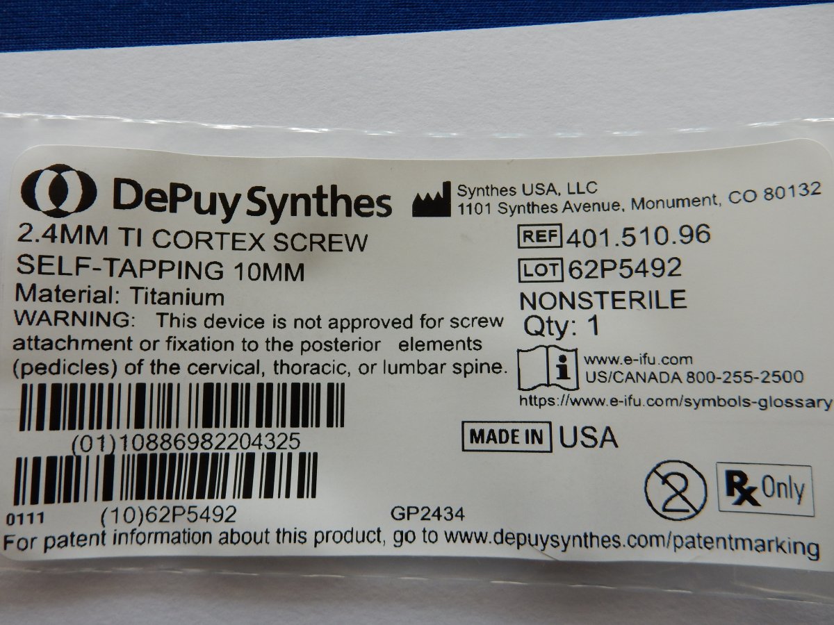 Synthes 401.510.96 2.4mm TI Cortex Screw Self-Tapping 10mm - Image 3