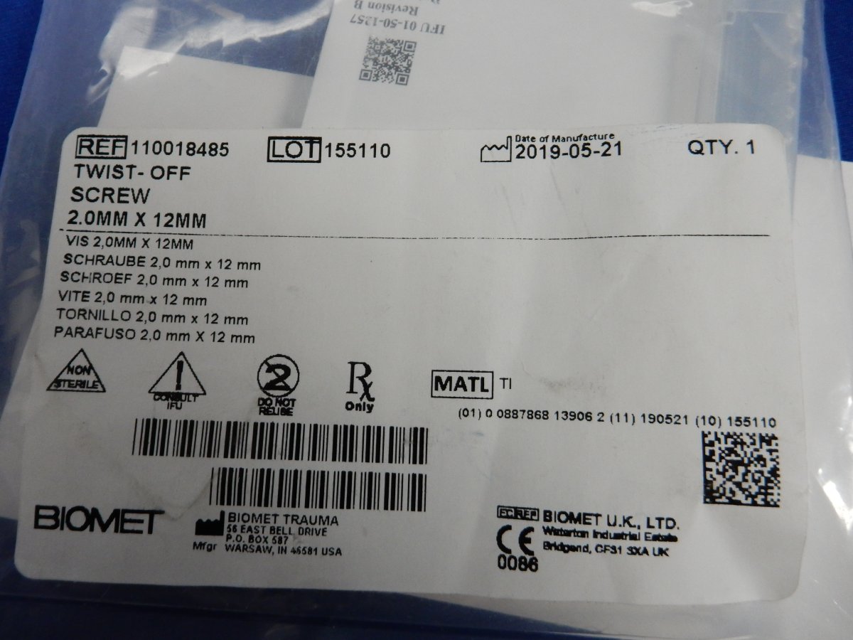 Biomet 110018485 Twist-Off Screw 2.0mm x 12mm - Image 2