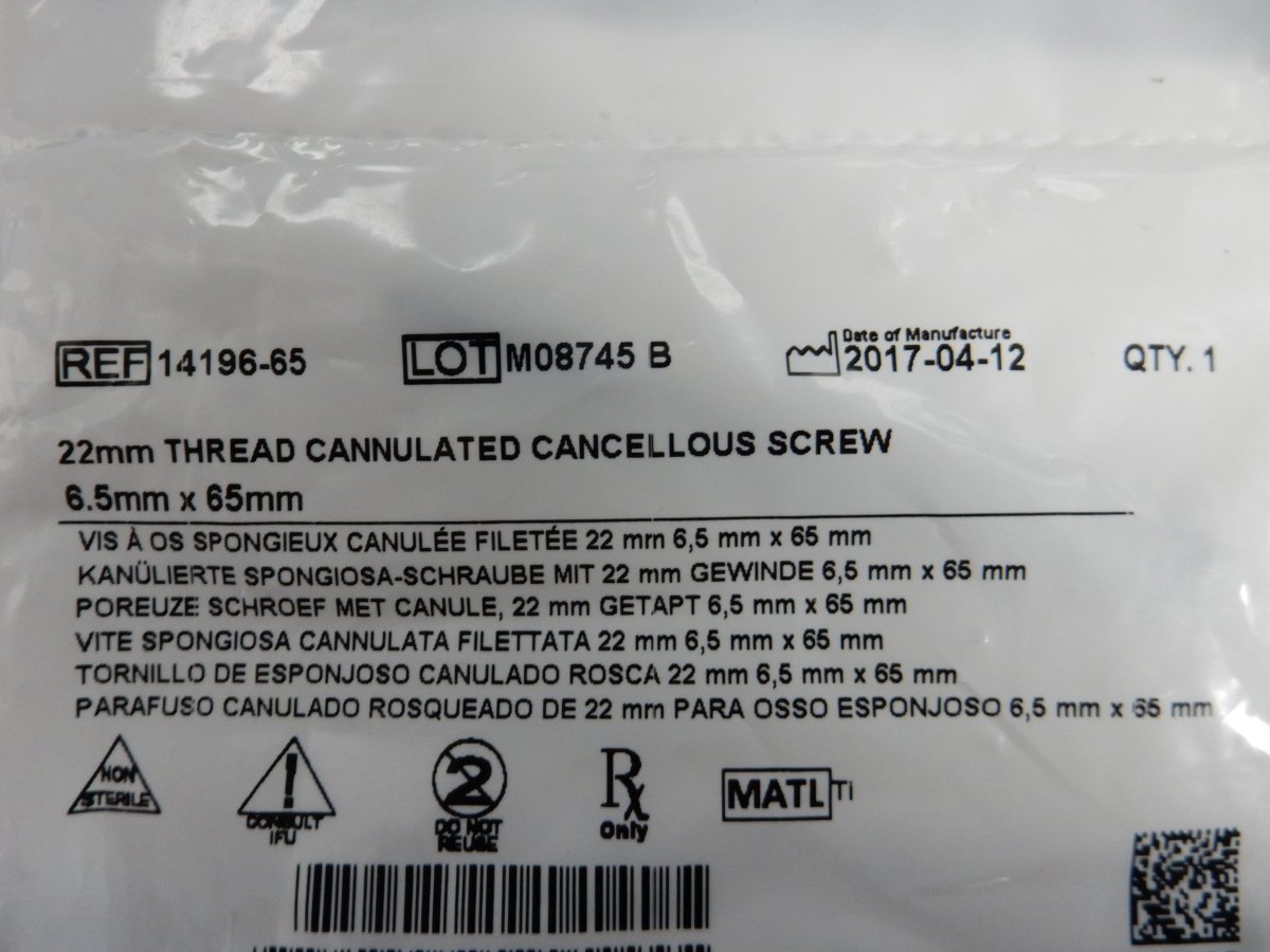 Biomet 14196-65 22mm Thread Cannulated Cancellous Screw 6.5mm x 65mm - Image 3