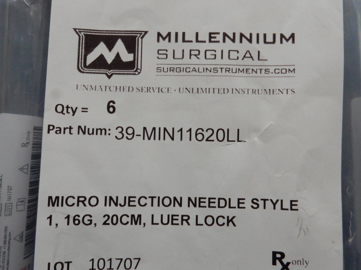 Millennium 39-MIN11620LL Micro Injection Needle Style 1, 16ga, 20cm, Leur Lock QTY (6) - Image 2
