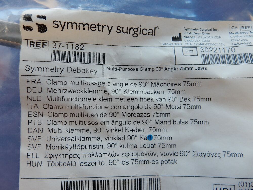 **NEW** Symmetry 37-1182 DeBakey 30 Degree Angled Multi Purpose Clamp 75mm Jaws - Image 5